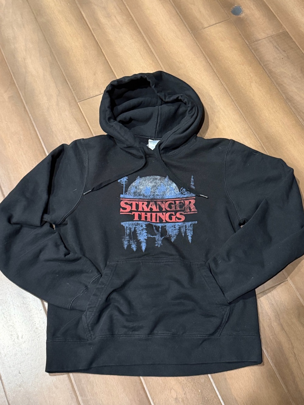 Netflix Black Hoodie with Red & Blue Stranger Things Logo, Ladies SZ Small